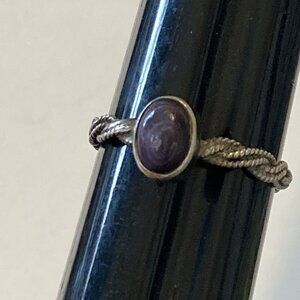 Vintage Boho Ring Unmarked Braided Silver Tone Purple Stone Dainty Thin Band 7